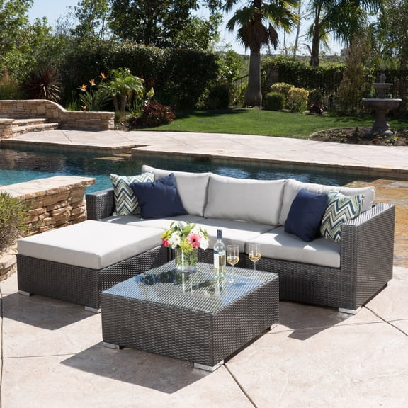 Faviola 4 Seater Outdoor Wicker Sectional Sofa Set with Aluminum Frame and Cushions, Grey, Silver
