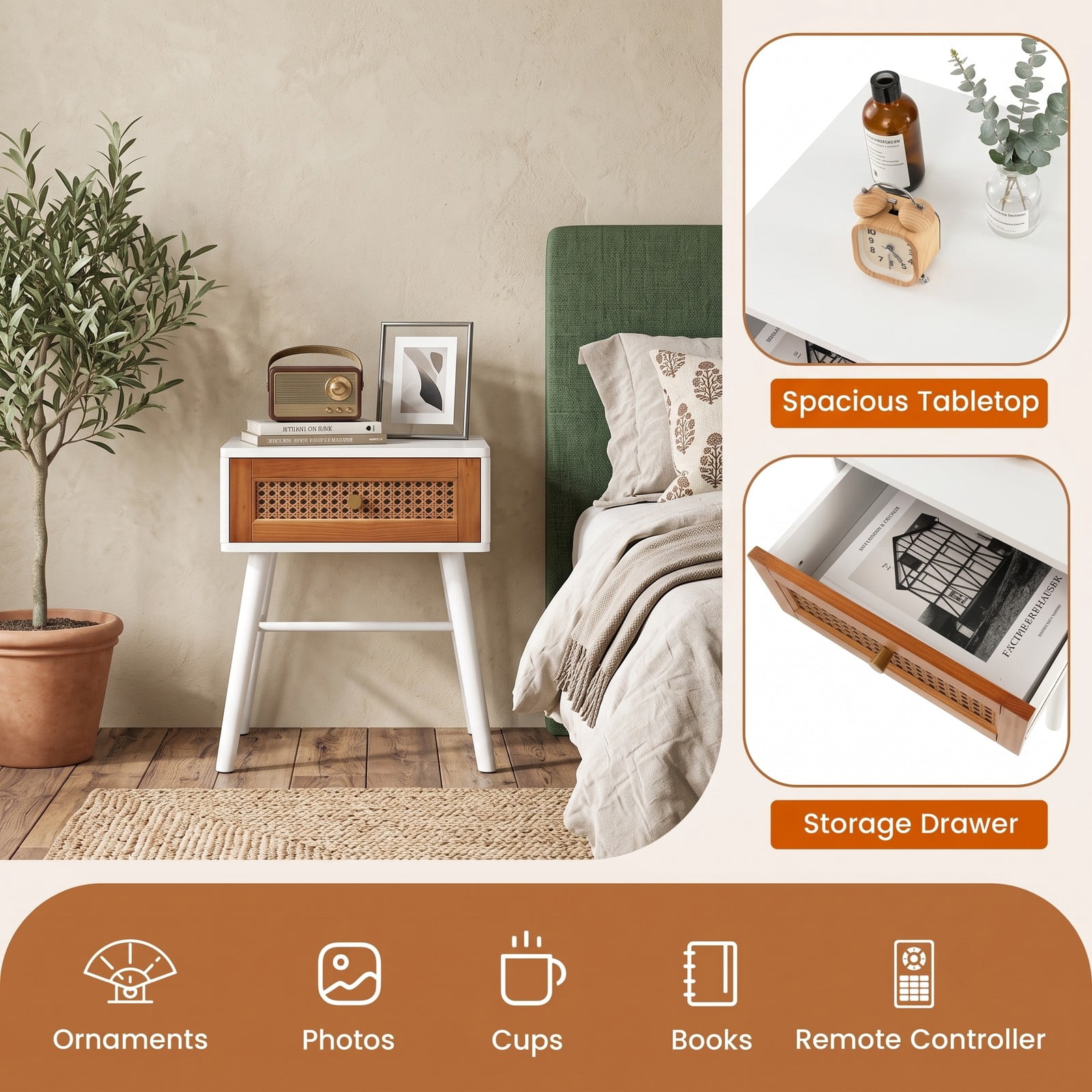 Furnibear Rattan Nightstand Mid Century Modern Accent Bedside Table with Drawer and Wood Legs for Bedroom and Living Room, White