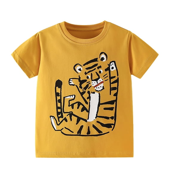 DAETIROS Kids Boys Tiger Graphic T-Shirt Soft & Comfortable Short Sleeve Tee Kids Yellow Shirt Playful Cute Cartoon Animal Print Boys Clothes,Size 7 T