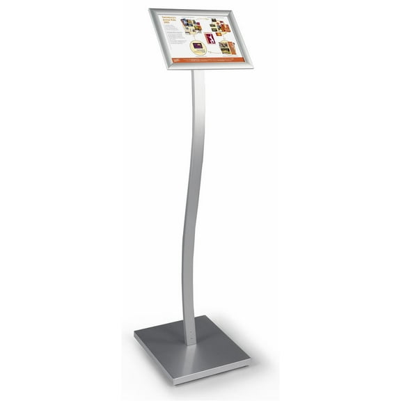 Sign Holder Stand for 8.5x11 Graphics, Floor-standing Poster Display with Front-loading Snap-open Frame Holds Signs in Portrait or Landscape, Silver, Aluminum and Steel (YCH8511SV)