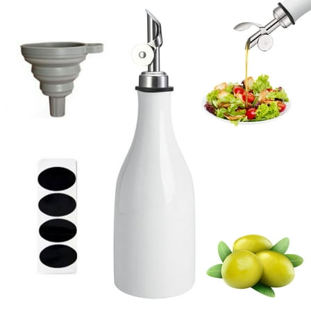Dongyi Ceramic Olive Oil Dispenser Bottle 300ml - Kitchen Oil and Vinegar Cruet Set with Pouring Spout, Includes Funnel & Labels, White Countertop Organizer