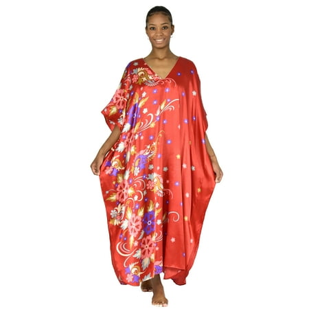 

Up2date Fashion s Women Satin Caftan in Charming Red Floral Breeeze Print One Size Style Caf-11C3