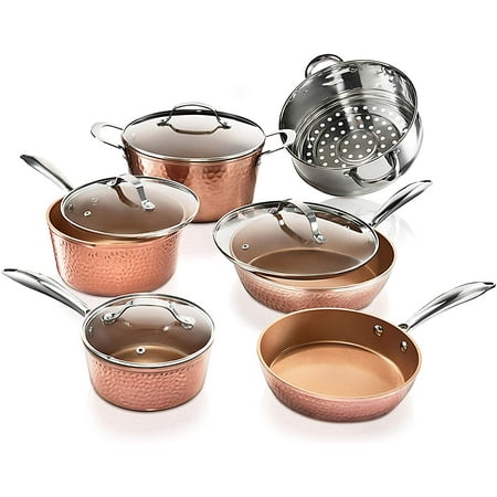 

HaiMai Hammered Collection Pots and Pans 10 Piece Premium Ceramic Cookware Set \u2013 with Triple Coated Ultra Nonstick Surface for Even Heating Oven Stovetop & Dishwasher Safe