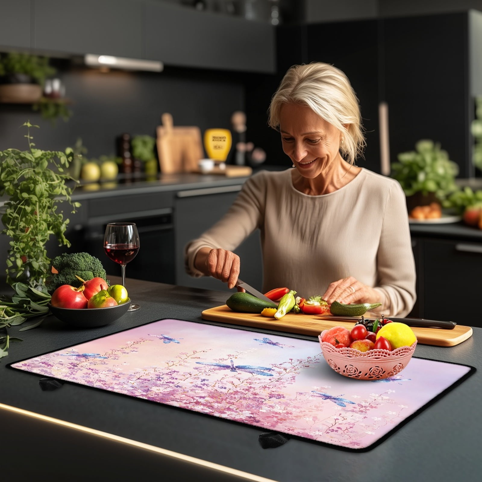 ZIATUBLE Glass Ceramic Top Stove Cover Multipurpose Induction Cooktop Protector Mat with Non-Slip Rubber Backing Kitchen Accessories, 29 x 21 Inch, Flower Dragonfly