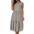 thumbnail image 3 of Women's Short Sleeve Linen Dress Solid Color Round Neck Zipper Closure Casual Daily Wear Vacation Travel Fashion Essential Gift for Women | Sopatenor,Gray XL, 3 of 8