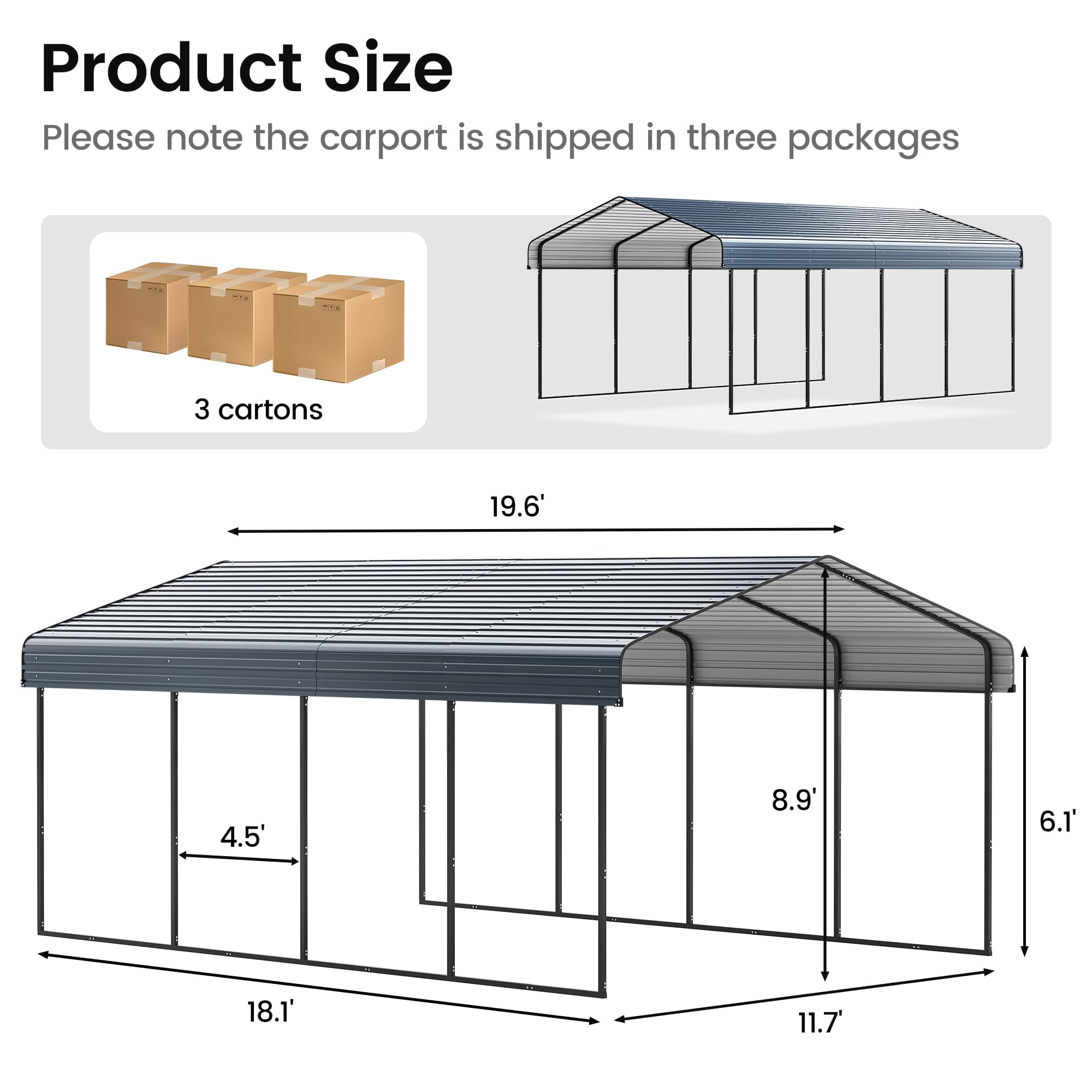 JINSEED 12'x20' Metal Carport Heavy Duty , Outdoor Garage Car Shelter Shade, Galvanized Roof for Car SUV and Boat, Grey