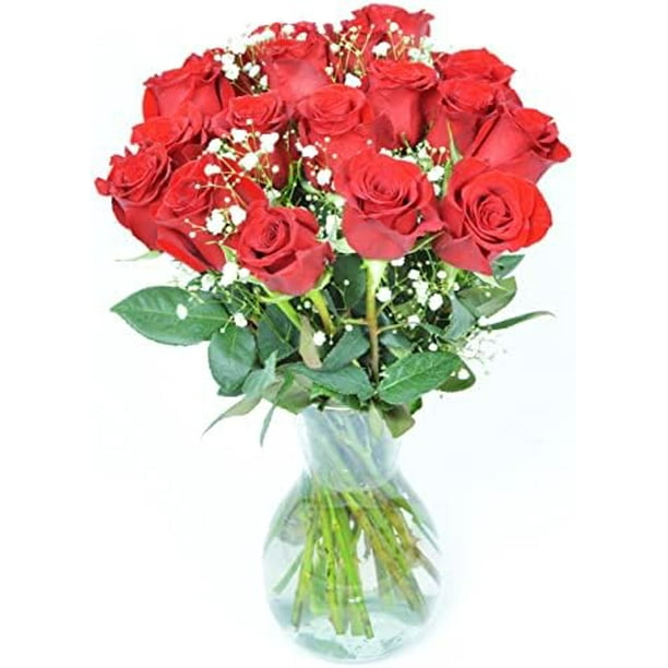 OVERNIGHT DELIVERY 18 Red Roses With Baby's Breaths With Vase Flowers