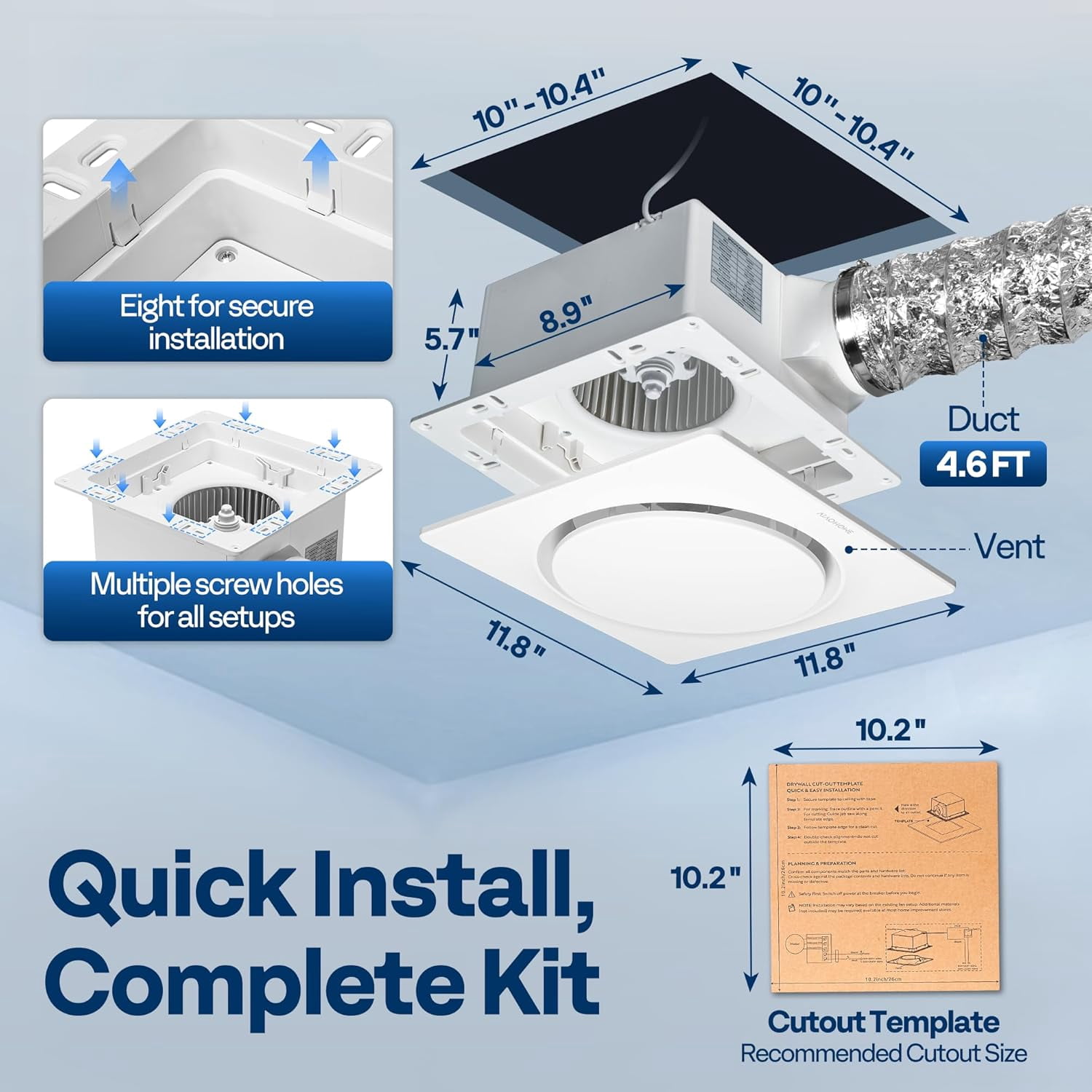 AutoFlow Bathroom Fan with Humidity Sensor, 30-160 CFM EC Motor, 10.2" Retrofit Kit & 4" Duct Included
