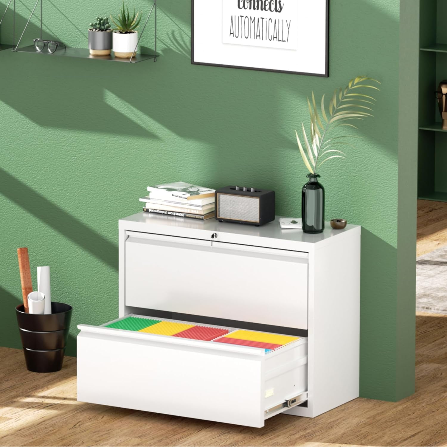 SUNCROWN Lateral File Cabinet 2 Drawer, Lockable Metal Filing Cabinet for Home Office, White Metal File Cabinet with Lock for Legal/Letter/A4/F4 Size with Hanging Bars&Key