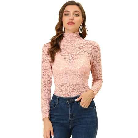 Allegra K Women s Long Sleeve Mock Neck Sheer Floral Lace Top Pink