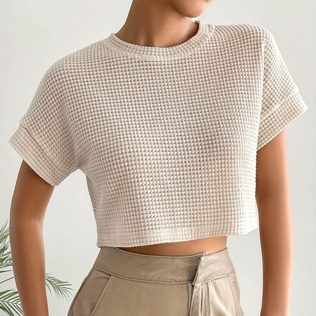 TaTaai Fashion Solid Color Women T Shirt Pineapple Grid Loose Fit Crew Neck Short Sleeve Soft Breathable Lightweight Daily Lounge Street Casual Wear Top Gift