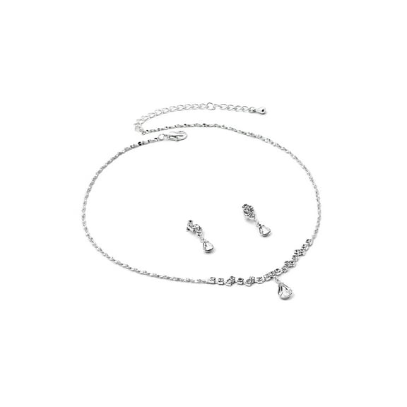 Silver Crystal Rhinestone Necklace and Zig-Zag Teardrop Center & Matching Dangle Earrings Jewelry Set