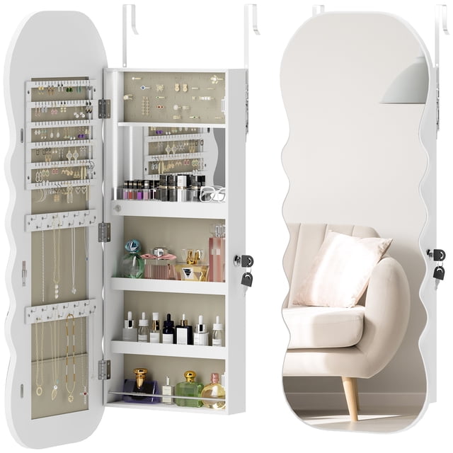 HOMCOM Jewelry Cabinet with Light Lockable Jewelry Armoire Organizer White