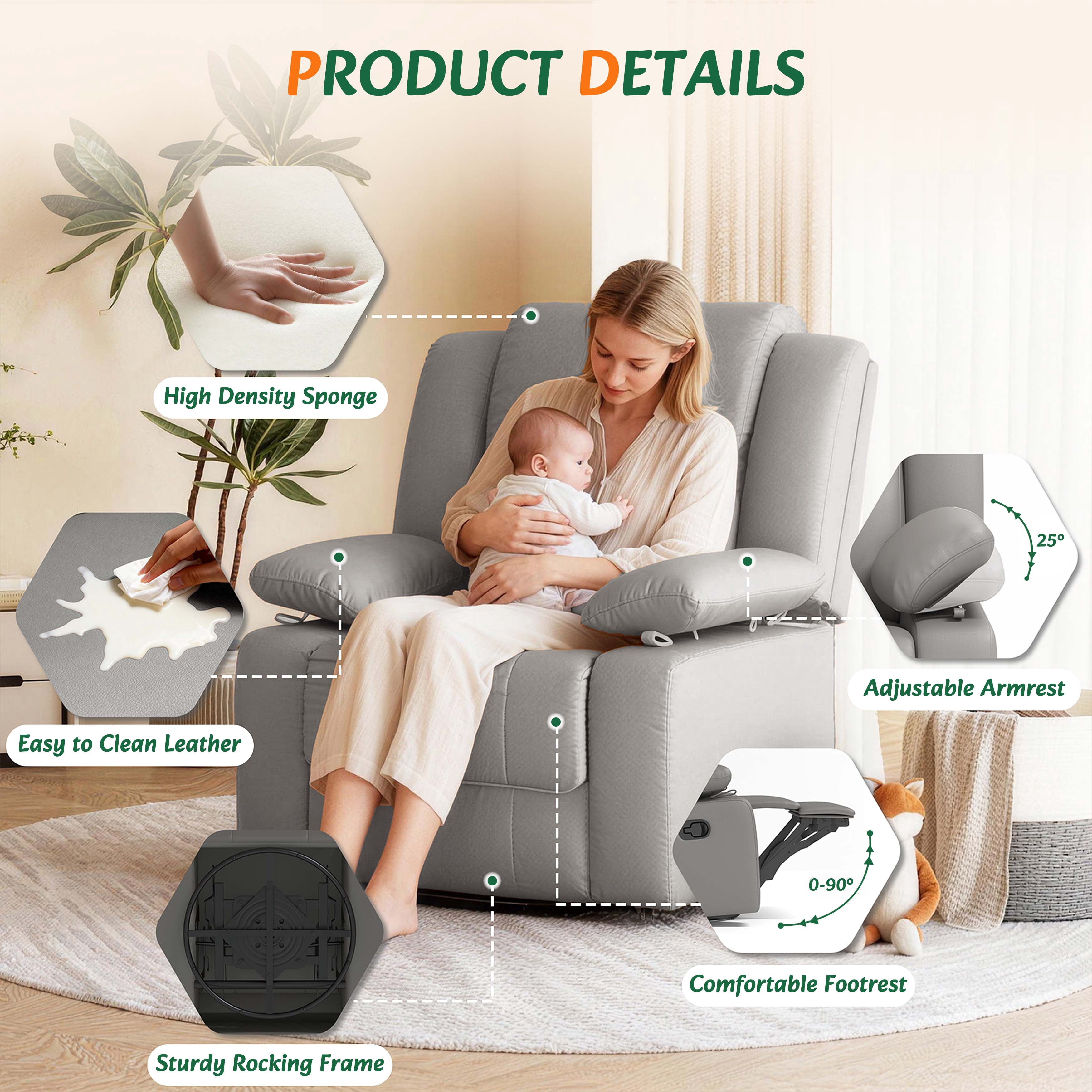 LAZZO Recliner Chair with Adjustable Armrest and Headrest, Upholstered Swivel Rocking Chair for Nursery & Living Room, Gray