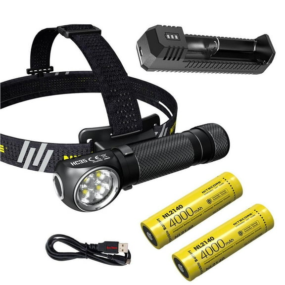Combo: Nitecore HC35 Rechargeable LED Headlamp - 4 x CREE XP-G3 S3 w/Extra 2140 Battery  and  UI1 USB Charger   Free Eco-Sensa USB Cord