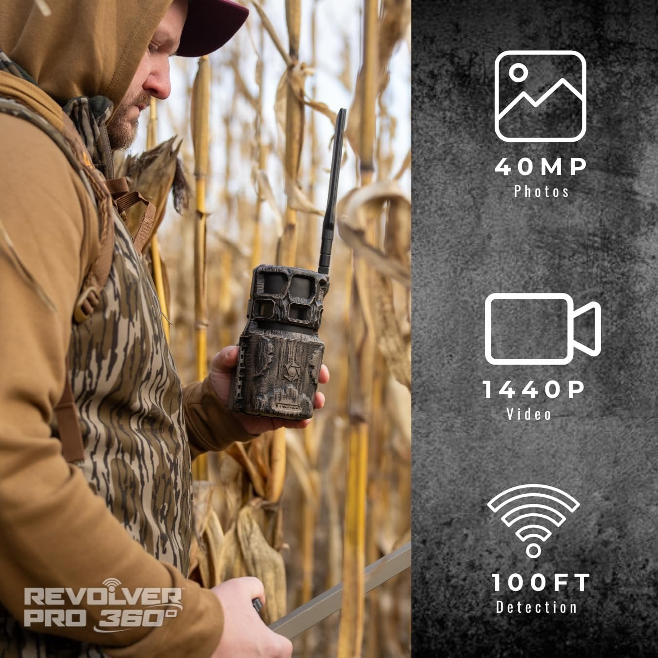 Stealth Cam Revolver Pro 2.0 360 Cellular Camera 40MP, 1-6 Zone On-Demand and Live View, 0.4 Sec Trigger, Built in Memory, HD Photo and Video Includes Solar Panel, Tripod, & Cleaning Cloth 2PK