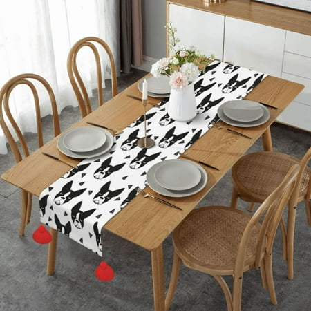 

Boston Terriers Black And White Dog Cute Dogs Table Runner Imitation Linen Table Runner With Red Tassels For Party And Dining Room 14 x 60