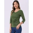 thumbnail image 2 of DARING DIVA V Neck 3/4 Sleeve Ruched Blouses Tops S Olive Green, 2 of 6