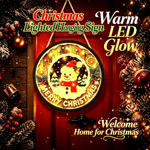 Christmas Lighted Hanging Sign, Battery‑Operated LED Wall Ornament with Hooks, Illuminated Xmas Decor for Front Door, Porch, Entryway Home Decoration