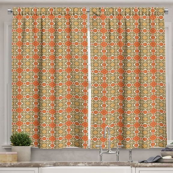 Ambesonne Moroccan Kitchen Curtains, Vintage Oriental Tile, 55"x39", Orange Maroon Emerald