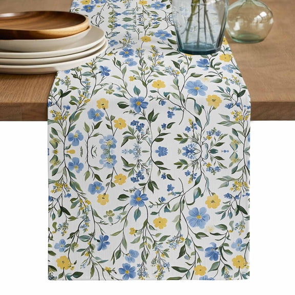 Blue Yellow Floral Spring Table Runner, Summer Botanical Pastoral Green Cotton Linen Table Runners 108 Inches Long, Dresser Scarf Runner for Dining/Living Room/Kitchen/Square Tables 13''x108''