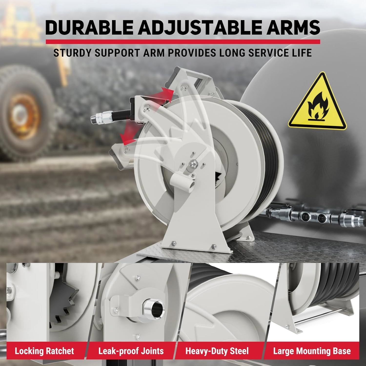Fuel Hose Reel 1" x 33' Retractable with Fueling Nozzle Diesel Hose Reel 300 PSI Industrial Auto Swivel Heavy Duty Steel Construction for Farm Ship Vehicle Tank, Silver