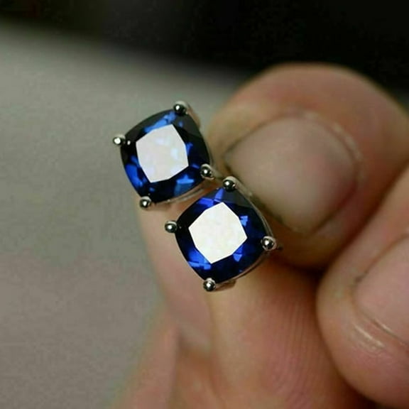 2.0Ct Cushion Cut Lab-Created Blue Sapphire Solitaire Stud Earrings - 14K White Gold Plated Sterling Silver Push Back Earrings Mother's Day Gifts