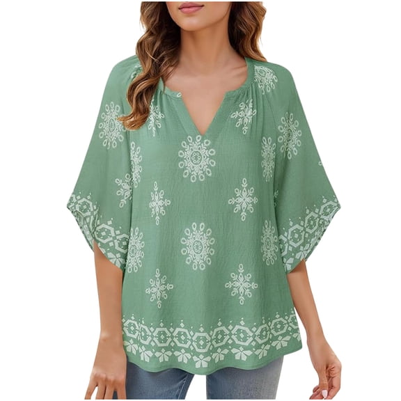 Tunic Tops for Women Three Quarter Sleeves V Neck Floral Print Loose Shirt Mint Green S