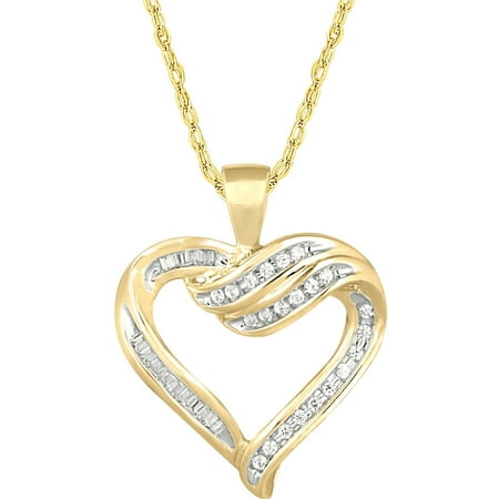 1/4 Carat T.W. Baguette and Round Diamond 10kt Yellow Gold Channel-Set Heart Pendant