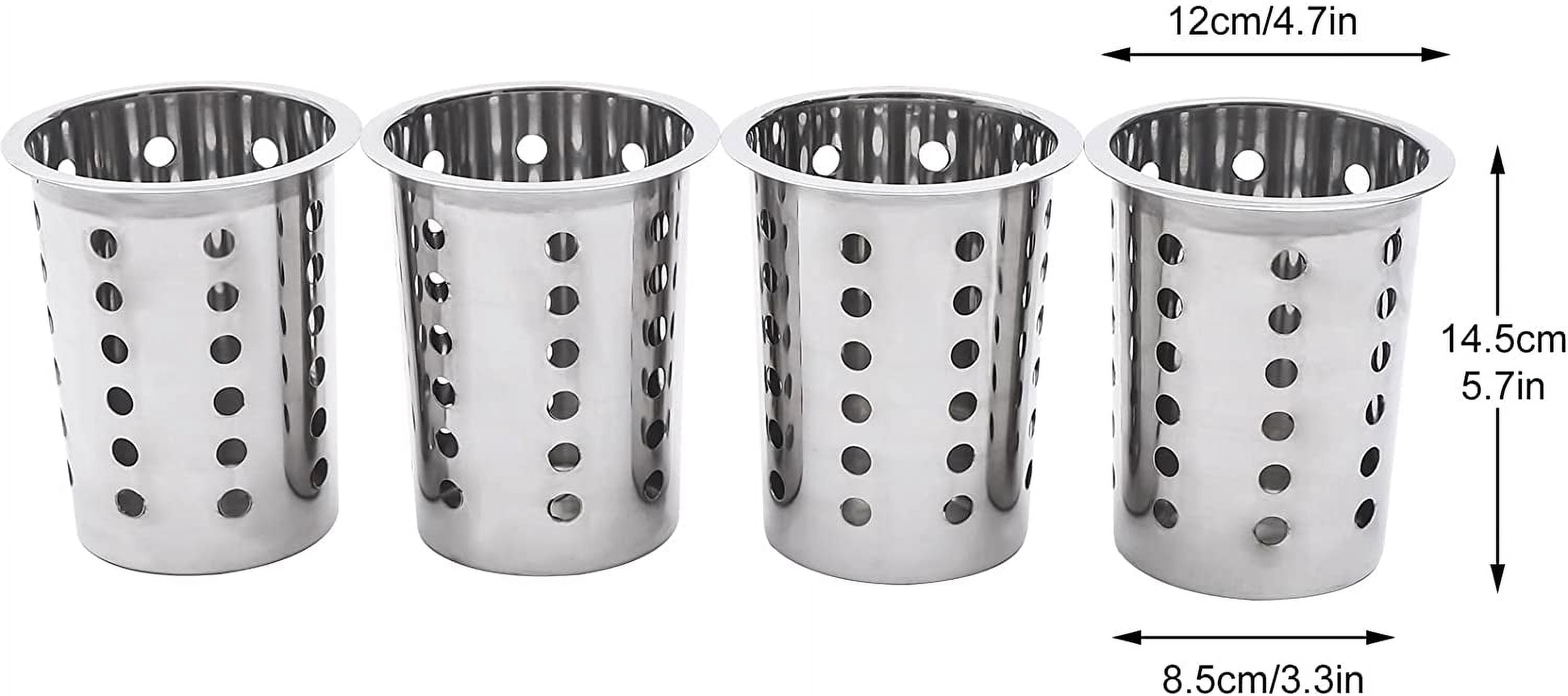 FETCOI Commercial 4-Hole Stainless Steel Cylinder Utensil Holder Organizer Kitchen Flatware Silverware Cutlery Holder Drainable