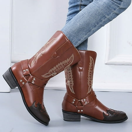 

FITORON Womens Mid Calf Boots- Printeding Square Head Side Zipper Autumn Fashion Low-heeled Shoes Coffee 38