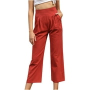 Fesfesfes Capri Pants for Women Slim Fit Cropped Pants High Waist Elastic Band Causal Pants Solid Color Straight Leg Pants with Pocket