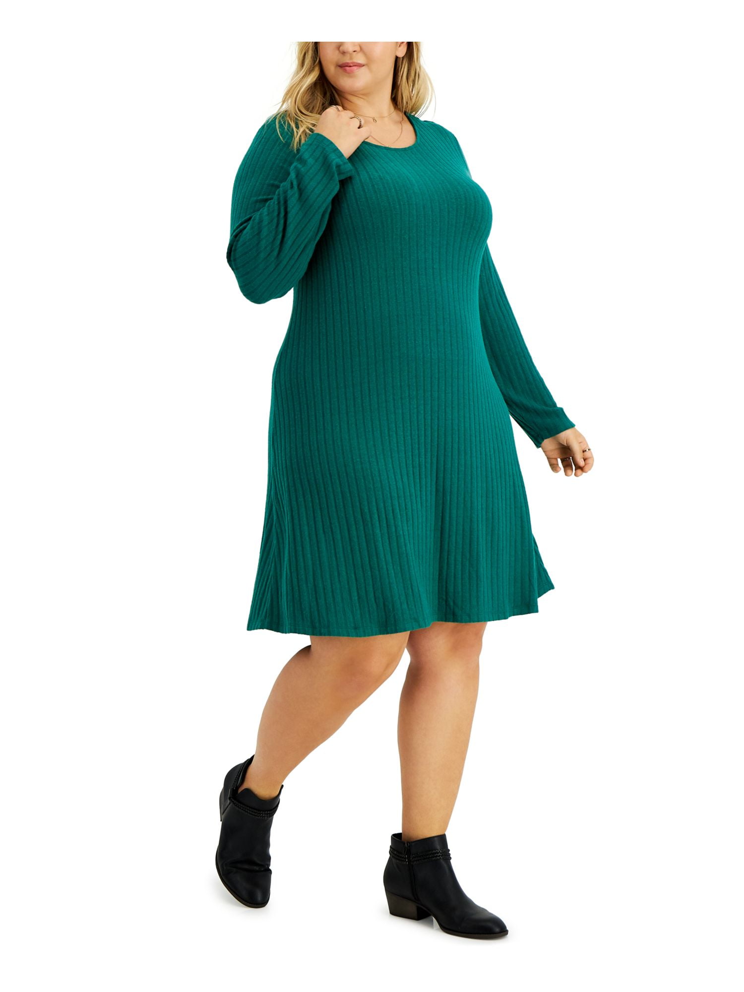 STYLE & COMPANY Womens Green Knit Ribbed Textured Long Sleeve Scoop