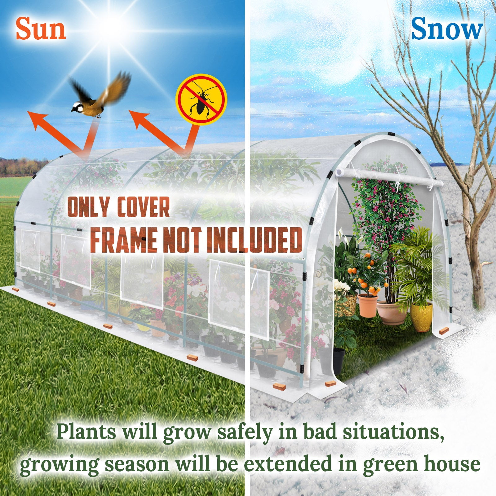 SUNRISEUMBRELLA Half-Transparent Greenhouse 3Pcs Cover Replacement ONLY Larger Walk in Outdoor Plant Garden, Frame NOT included（24.6x10x7 FT）