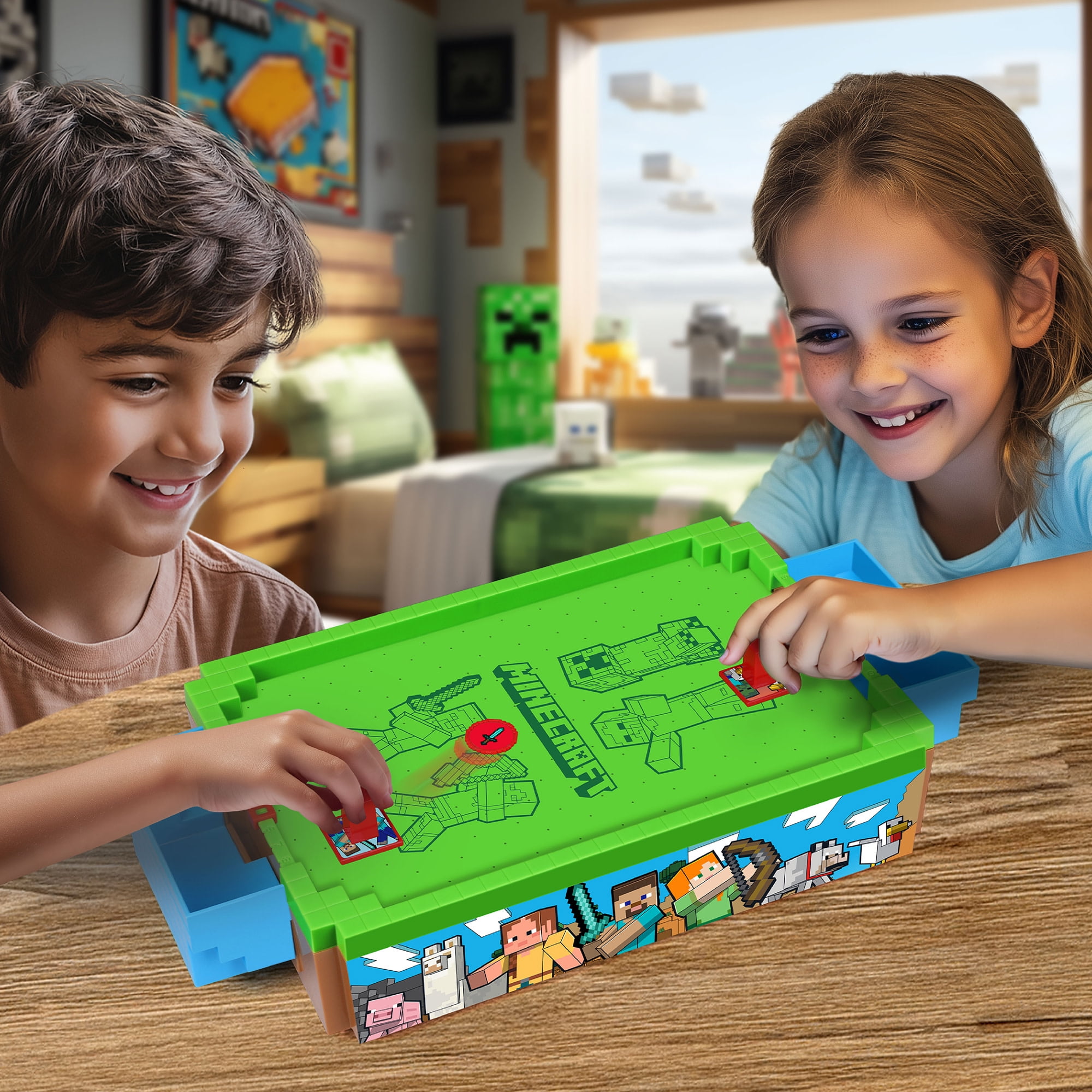 Minecraft: Mini Arcade Air Hockey - Overworld - 14" Motorized Tabletop Game, Iconic Sounds, Customizable Pushers, Licensed, Adults- Kids 3+, 2 Players