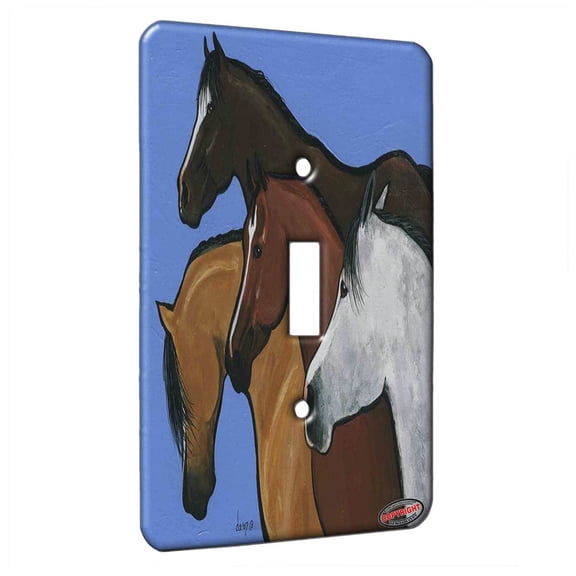 KuzmarK™ Single Gang Toggle Switch Wall Plate - Four American Quarter Horses Horse Art by Denise Every