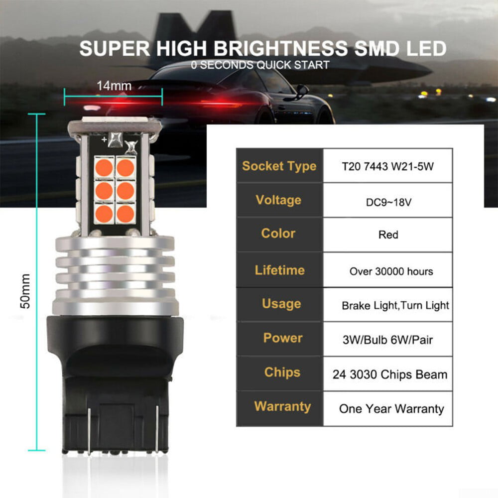 2pcs W21-5W T20 24 SMD Canbus LED Lights Car Turn Signal Brake Lamp Lights Red 