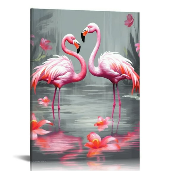 COMIO  Animal Canvas Wall Art Pink Flamingo family Painting Picture Animal Love Canvas Prints Pink and gray Artwork Stretched and Framed Living Room Bedroom Decor