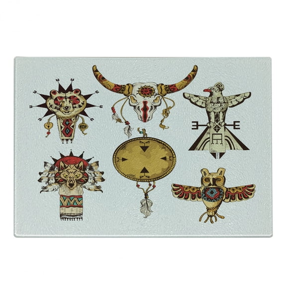 Ethnic Cutting Board, Tribes Animal Totems Cultures Sketch Art, Decorative Tempered Glass Cutting and Serving Board, Small Size, Pale Coffee Amber White, by Ambesonne