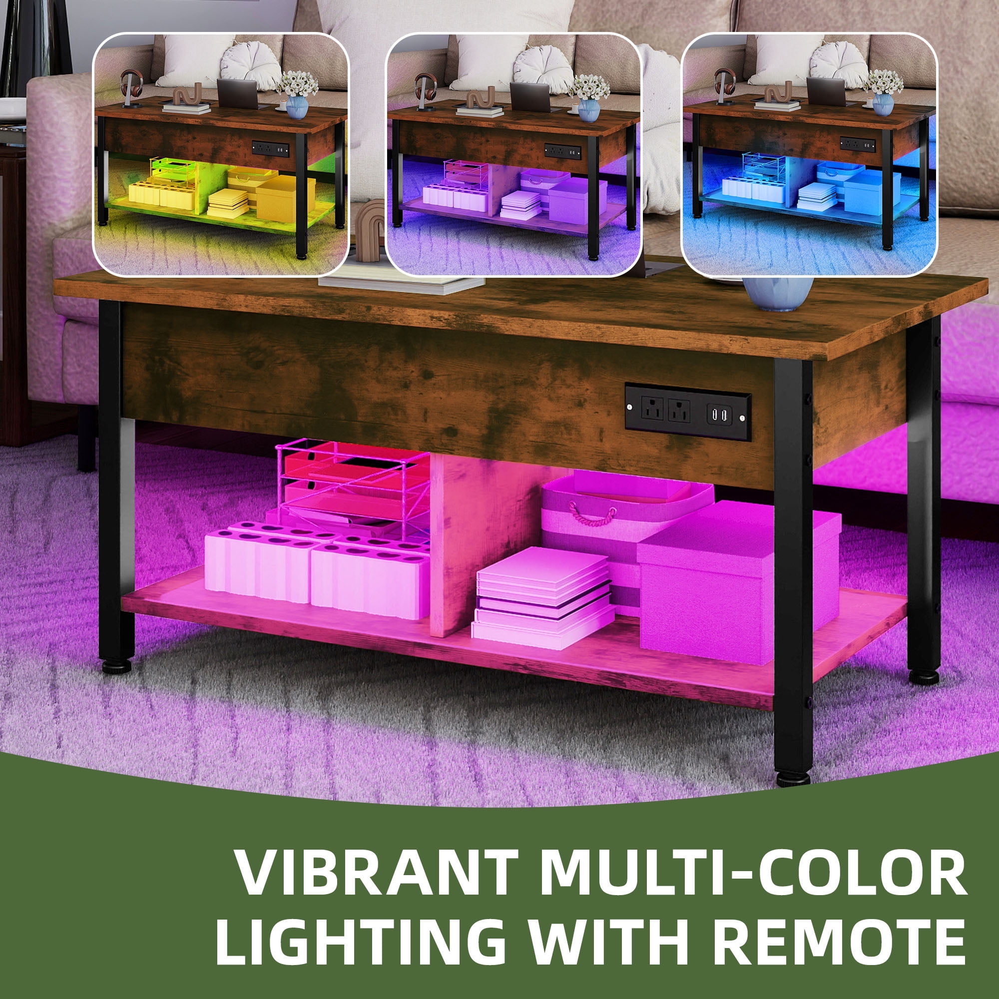 Uforic 3-in-1 Lift-Top Coffee Table with Storage, LED Lights & Power Hub for Living Room/Home Office, Brown