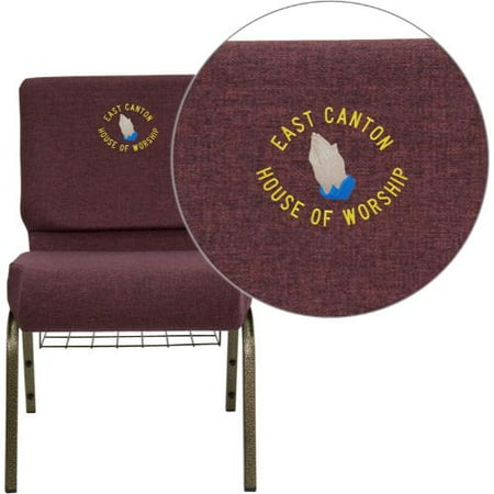 21 Inch Extra Wide Plum - Embroidered HERCULES Series 21'' Extra Wide Plum Fabric Church Chair with 4'' Thick Seat, Communion Cup Book Rack - Gold