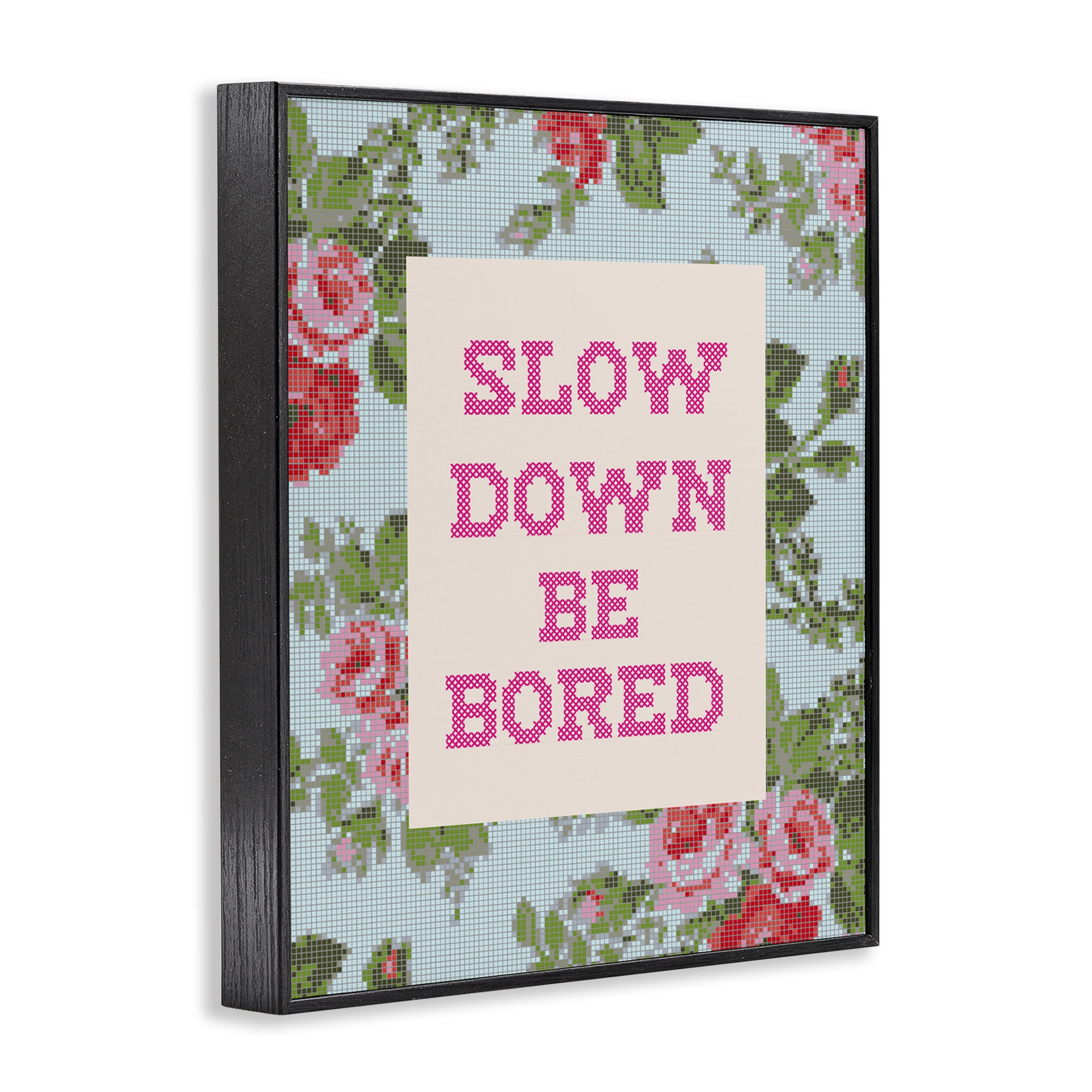Stupell Industries Slow Down Be Bored Faux Cross Stitch Black Framed Giclee Art, design by Lil' Rue