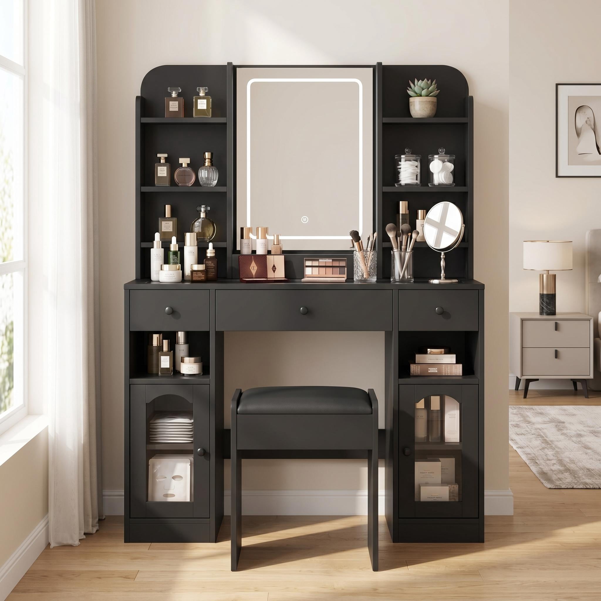 Homy Casa Vanity Table & Bench Set with Lighted Mirror, RGB Lights & Charging, Black