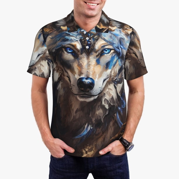 Fotbe Vintage Blue Floral Wolf Camiseta Polo de Golf para Hombre con Estampado – Camisa Deportiva Transpirable con Cuello Abotonado-Large