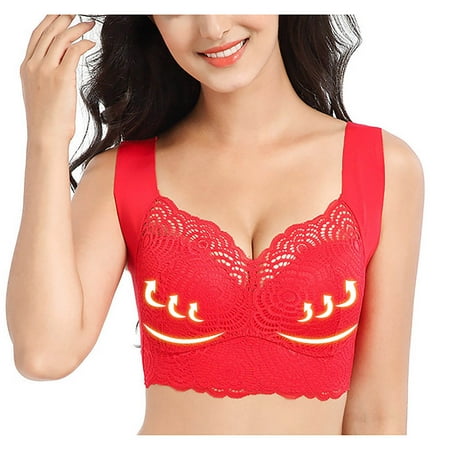 

Holiday Savings! Ladies Traceless Comfortable No Steel Ring Lace Breathable Gathering Bra Woman Underwear Red