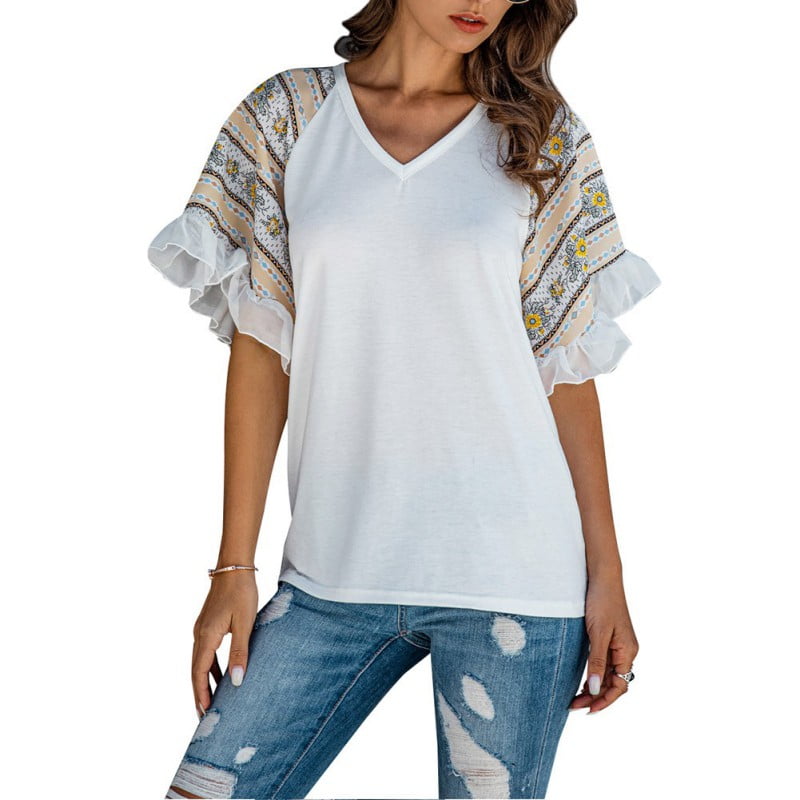 Womens Casual V Neck Striped Blouse Half Bell Sleeve Tie Front Panel Shirts Summer Loose Top 