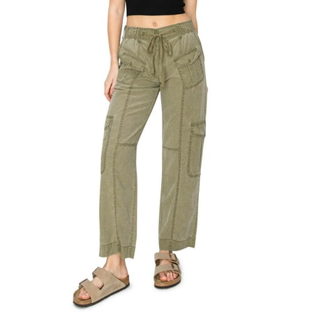 CALI1850 Women's Relaxed Fit Comfortable Mid Rise Washed Linen Straight Leg Cargo Pants With Elastic Band