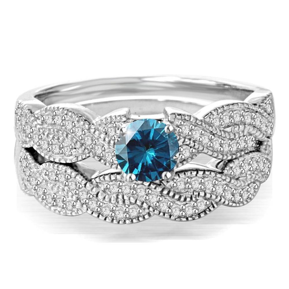 3/4ct Pave Treated Blue Diamond Infinity Engagement Ring Set 14K
