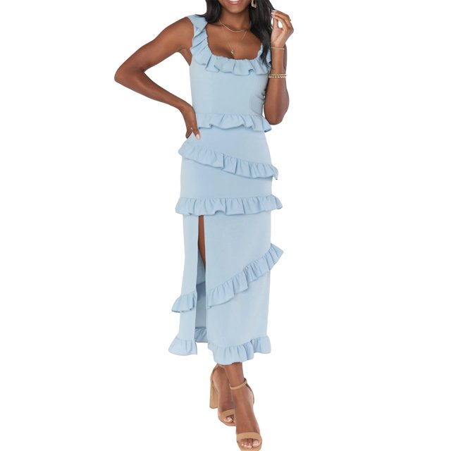ZAXARRA Women Long Bodycon Dress Solid Color Square Neck Sleeveless Tight Dress Summer Ruffles Side Slit Party Dress
