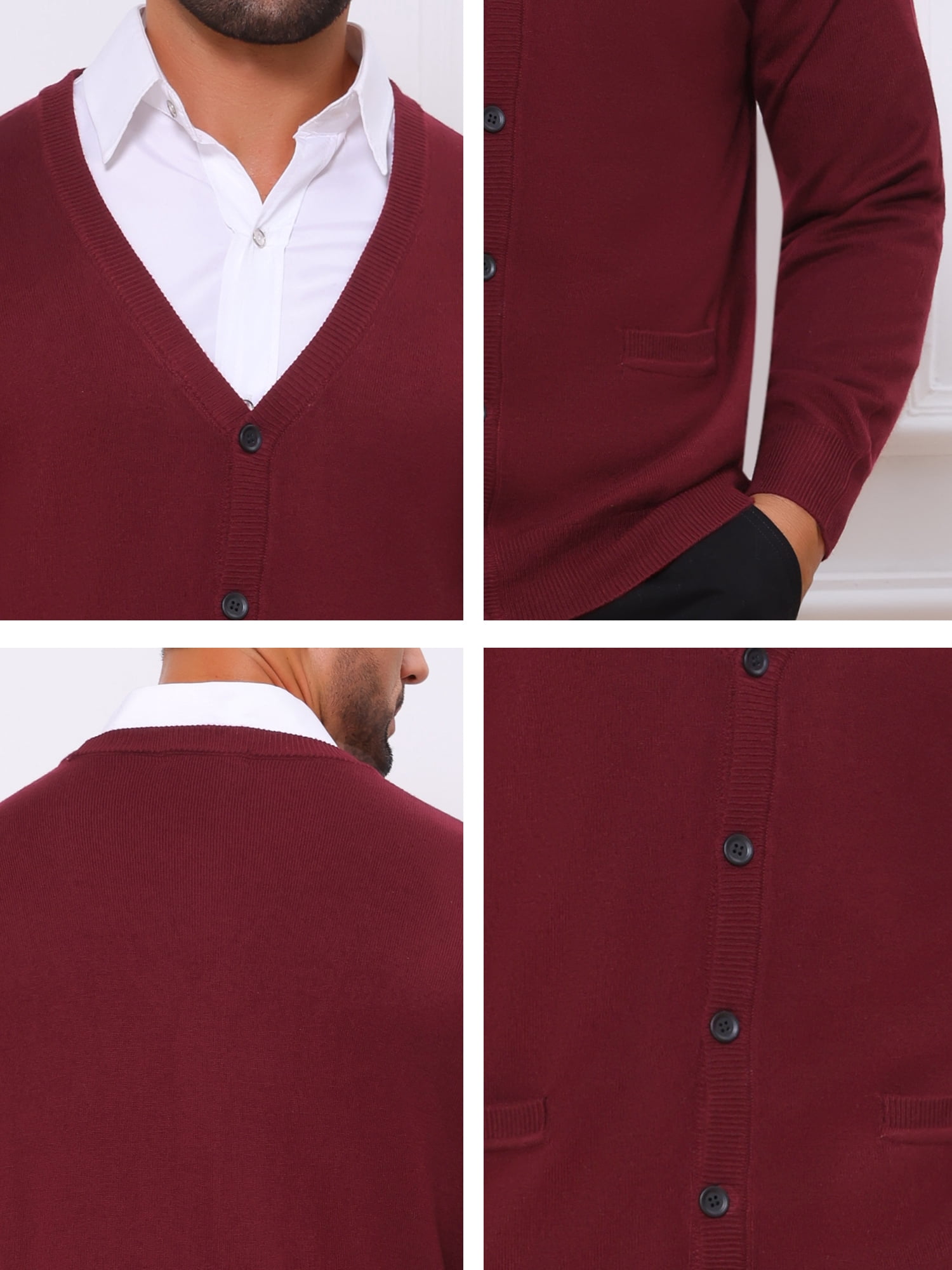 DARING DIVA Men's V Neck Long Sleeved Button Down Knit Sweater with Pockets L Burgundy